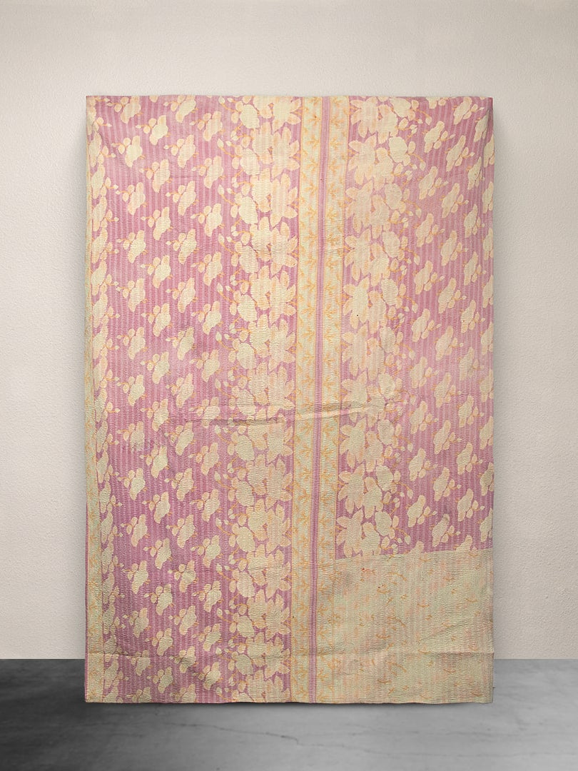 Kantha Throw Butter Yellow and Pink Floral