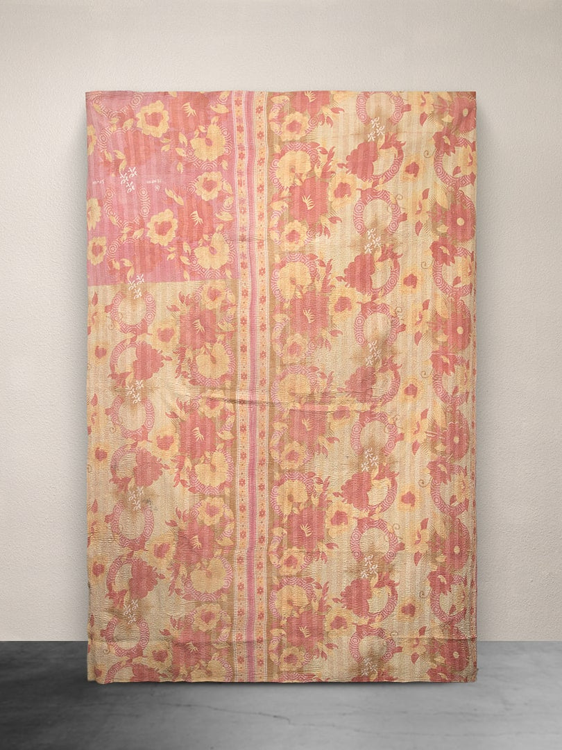 Kantha Throw Butter Yellow and Pink Floral