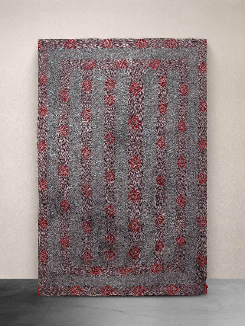 Kantha Throw Charcoal and Red Pattern